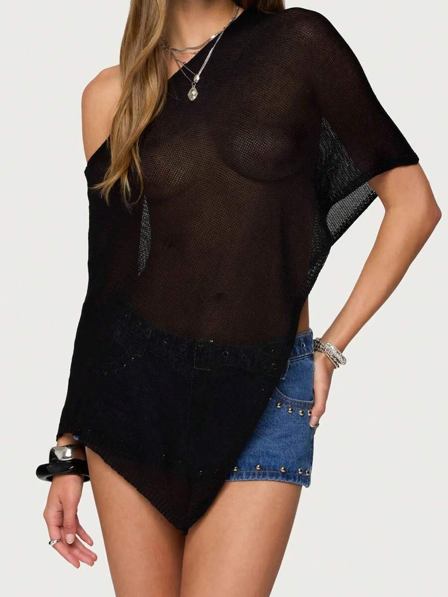 Summer Irregular Knit Cover-Up Crop Top For Women Y2k Aesthetic See-Through T-Shirt Beach Vacation Going Out Tops Womens Crochet Shrug Y2K Hollow Out Bolero Shrug See Through Cropped Top - 黑色 - 查看 1