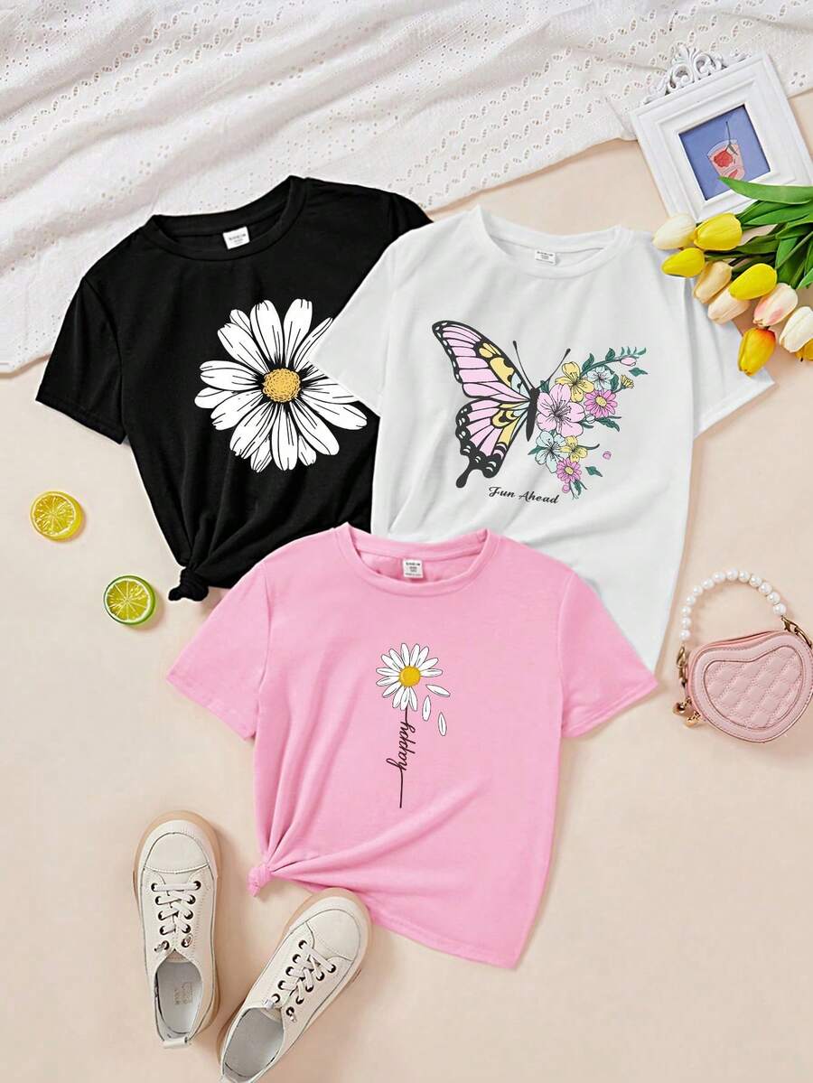 Conjunto de 3 piezas informal y minimalista para mujer con estampado de mariposa y flor, camiseta de cuello redondo, manga corta para verano - Rosa - Ver 1
