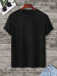 Camiseta de manga corta de unicolor casual y versátil para hombre - Negro - Ver 3