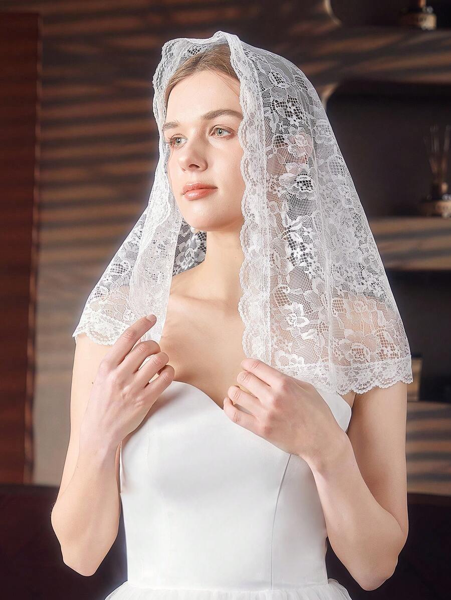 1 件女士短款单层镂空蕾丝边头巾，面纱头饰，适合婚礼、派对、摄影