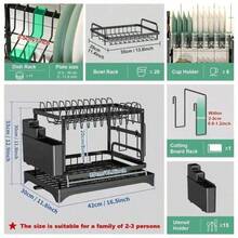 2 Tier Kitchen Sink Dish Drainer Rack With Drip Tray Cutlery Holder Plate Rack,Kitchen Accessaries,Dish Drying Rack,Plate Rack,Multi-Function Dish Rack, Kitchen Rack, Drain Sink, Bowls, Chopsticks, Cups & Plates & Knives Storage Rack Holder, Carbon Steel, Large Capacity - Multicolor - View 8