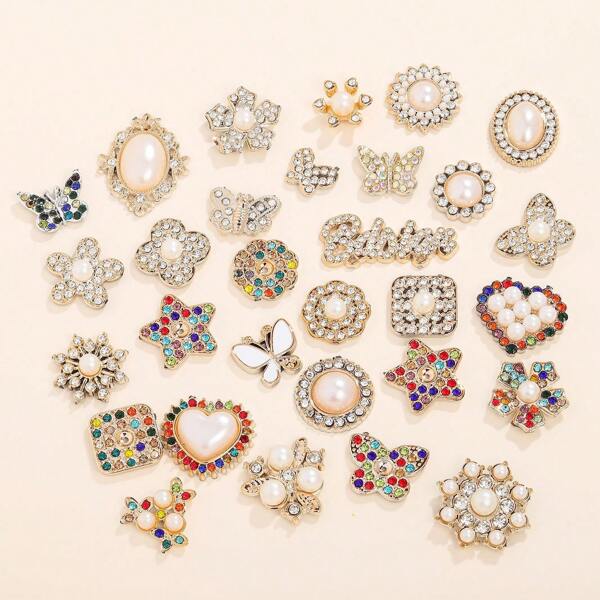 10 Pcs Oval Crystal Pearl Flat Decorative Sewing Accessories, Geometric Pearl Rhinestone Plastic Flower Dish Diamond Buttons, Vintage Artistic Asymmetric Headwear Accessories, Geometric Bow Star Dotted Pearl Plastic DIY Hair Clip, Phone Case, Shoe Charms