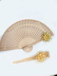 1pc Sandalwood Hollow Wooden Fan Wooden Fan Color Sandalwood Wooden Fan Hollow Folding Fan Printed Wooden Handicraft Fan Imitation Sandalwood Fan, Ideal Choice For Gifts