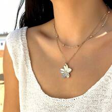 1 时尚褶皱花朵吊坠项链，搭配时尚五瓣花锁骨链，适合送礼和女性日常派对佩戴 - 銀色 - 查看 3