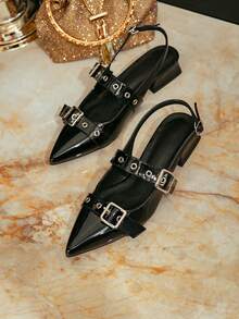 Women's, All - Season Adaptable, Black Patent Leather Buckle Backless Shoes, Square Heel No Fatigue, Workplace Commute Ritual, Patent Leather Material, Sleek & Sharp Shoes - Black - View 8