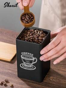 shoxil 1pc Square Coffee Storage Canister - Airtight Bamboo Lid & Metal Body, Suitable For Storing Coffee Beans, Tea Leaves Or Snacks, For Home Use/Coffee