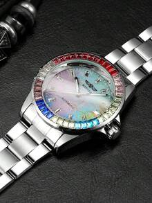 T-WINNER 1 件男士时尚自动手表，奢华冰晶表壳，夜光指针，不锈钢表带，商务时尚机械表，带盒礼品 - 藍色 - 查看 3