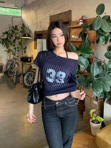 夏季美式运动时尚不对称肩部短袖T恤（女款） - 藏蓝色 - 查看 4