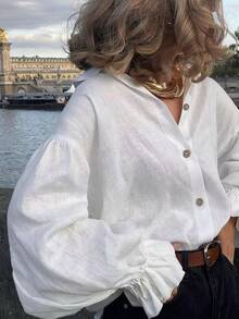 2026 Spring/Summer New Casual Elegant Ruffle Trim Lantern Sleeve Button Front Blouse, Women's Graceful Top, Suitable For Valentine's Day, New Year, Music Festival, Graduation, Summer Holiday, Spring Outfits, Party, Birthday, Beach, Vacation, Casual Wear, Y2K White - White - View 2