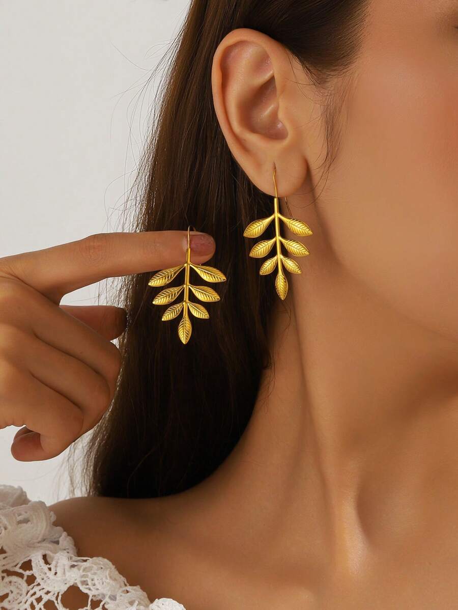 1 Par de Brincos de Gancho de Folha de Aço Inoxidável Nilote para Mulheres, Revestimento Eletrolítico a Vácuo em Ouro Amarelo 18K