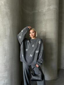 Women Casual Heart Pattern Round Neck Long Sleeve Pullover Top And Long Pants Set, Embroidery Design - Dark Grey - View 3