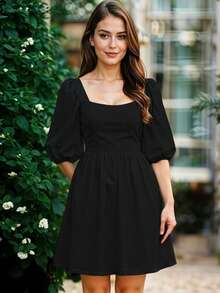 Vestido Corto de Escote Cuadrado con Manga Abullonada Casual para Mujer - Negro - Ver 3