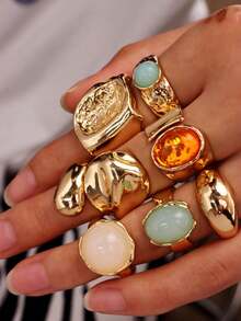 7 件套复古奢华百搭优雅个性化独特几何玉石镶嵌戒指套装，女士厚金金属时尚戒指适合日常和派对装饰，礼品首饰套装 - 彩色 - 查看 8