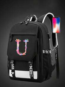 1 件带充电端口的字母图案印花功能性尼龙背包，男女皆宜，适合高中生和大学生、旅行和度假使用（字母从 A 到 Z）