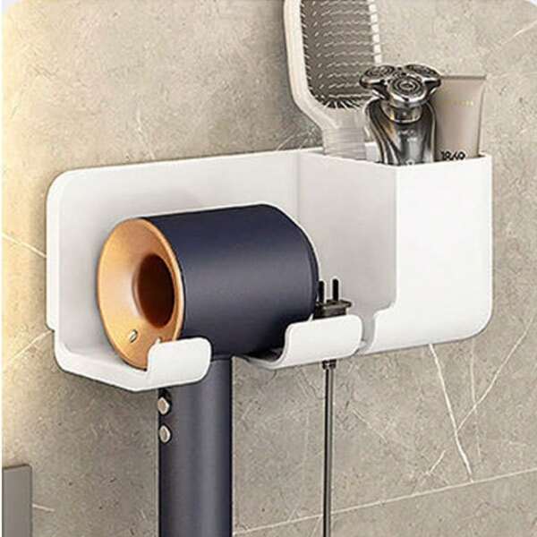 Soporte para secador de pelo de uso intensivo - Organizador de montaje en pared ahorra espacio con gancho para el enchufe, estante de almacenamiento para baño/peluquería - Compatible con la mayoría de los secadores de pelo - Negro y gris para uso doméstico o salón, acabado metálico, construcción duradera, diseño compacto