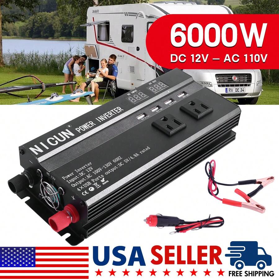 6000W Car Power Inverter DC 12V To AC 110V LCD Sine Wave Home RV Solar Converter - 黑色 - 查看 1