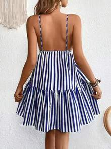 Women's Summer Vacation Striped Print Ruffle Hem Backless Camisole Dress - Navy Blue - View 2
