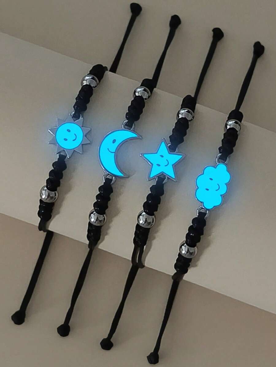 ATLVXJL 4pcs/Set Glow-In-The-Dark Friendship, Sibling, Family Themed Bracelets With Face, Sun, Moon, Star, Cloud Designs, Fashionable Jewelry Set For Daily Wear And Holiday Gifts - Multicolor - View 1