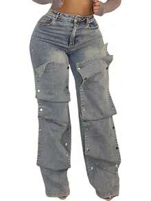 Women Cargo Jeans High Waisted Straight Wide Leg Jeans Pants Button Detachable Denim Cargo Trousers - 01天藍色 - 查看 5