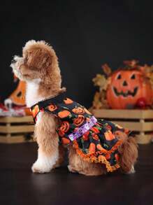 1pc Pumpkin Lace Pet Dress, Halloween Themed Pet Apparel, Two-Layer Pet Skirt For Dogs & Cats