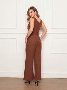 Women's Sleeveless Long Jumpsuit With High Waist Tie Belt And Side Pockets – Elegant And Comfortable - 咖啡棕 - 查看 4