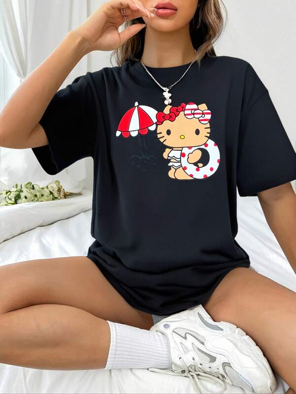 Sanrio Hello Kitty Inflatable Ring Printed T-Shirt For Women, Cartoon Black Round Neck Short Sleeve Loungewear Top, Oversized & Comfy Couple's Pajamas, Perfect For Spring/Summer Casual Vacation