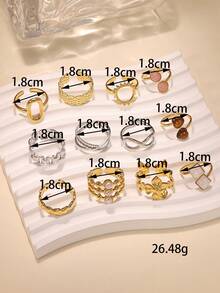 12pcs/Set Stainless Steel Gold Color Fashionable Adjustable Rings With Pink Gift Box, Suitable For Women Everyday Accessories Or Gifts - Yellow Gold - View 3