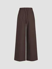 女士休闲宽松直筒裤，松紧腰身，纹理面料，适合秋季穿着。 - 咖啡棕 - 查看 5