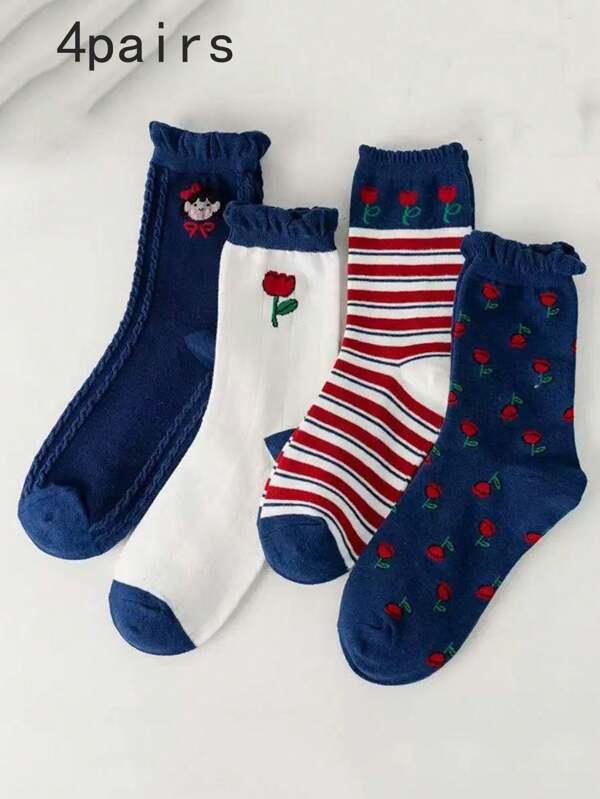 4 Pairs Japanese Style Blue Floral Mid-Calf Socks For Women, Ruffle Trim & Mini Red Flowers Stockings