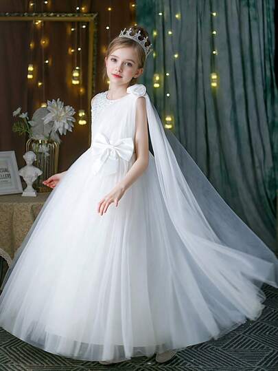 Tween Girl Champagne Bow Mesh Party Dress, Elegant Princess Dress, Birthday Gift, Gala, Party, Wedding Bridesmaid Flower Girl Formal Dress