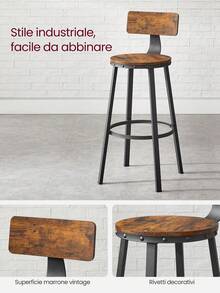 Sgabelli da bar, set di 2 sgabelli da bar alti con schienale, sgabelli da cucina, telaio in acciaio, seduta alta 62,5 cm, facile da montare, industriale, marrone rustico e nero - Castano - Visualizzare 6