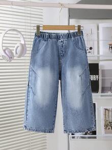 1条休闲街头时尚宽松男童七分长牛仔裤 - 淺色水洗藍 - 查看 1