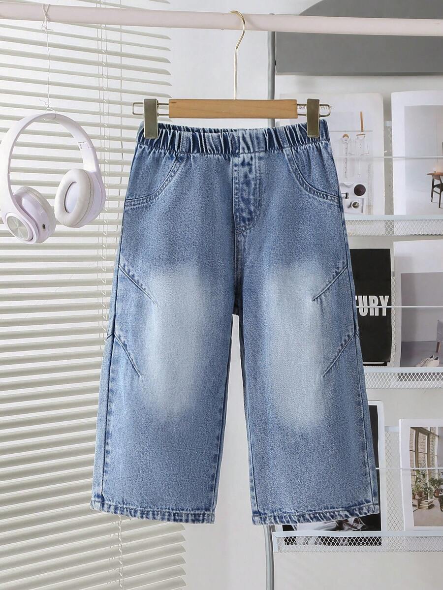 1条休闲街头时尚宽松男童七分长牛仔裤 - 淺色水洗藍 - 查看 1