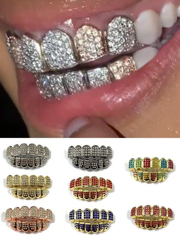 1 Set 6-Zahn Multi-Color (Gold, Silber, Blau, Rot, Pink, Roségold) Hip Hop Grillz, unisex geeignet für Halloween, Weihnachten, Nachtclub, täglichen Gebrauch