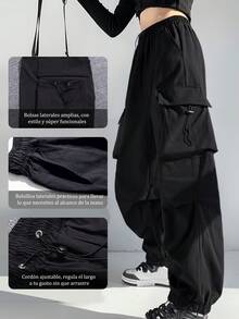 Pantalón largo cargo para dama, pantalones cargo jogger de alta elasticidad y pantalones casuales sólidos para mujer, estilo urbano con cintura alta y cordón ajustable, pierna ancha y bolsillos grandes, en color negro o gris, cómodos, elásticos y ligeros - Negro - Ver 6
