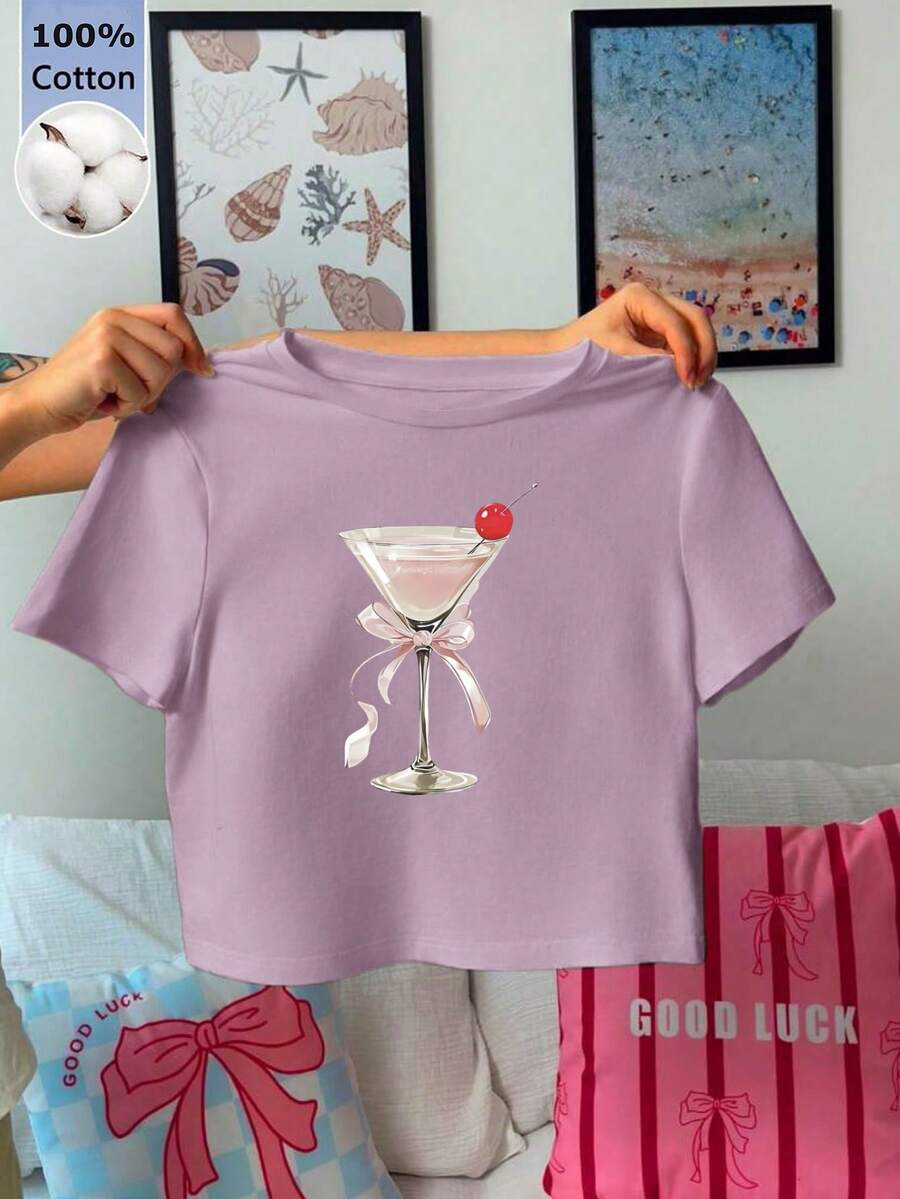 女士純色短袖T卹，雞尾酒圖案，極簡設計適合日常休閒穿著，100%棉質，春夏裝 短款 露臍上衣，假期 外出沙灘度假，街頭服飾，修身設計，y2k 背心，節日服裝女士