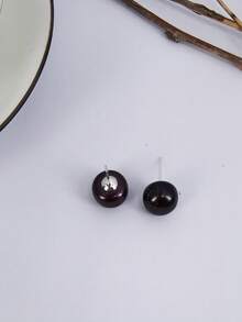 1 Pair 9-9.5mm Natural Freshwater Pearl S925 Silver Stud Earrings - Black - View 5