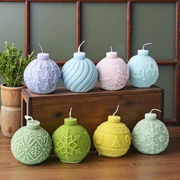 3D Christmas Ball Candle Silicone Mold Geometric Striped Sphere Gypsum Epoxy Resin Mold DIY Soap Candle Making Home Decor