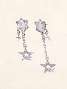 复古风格星形耳钉，带水钻心形 Y2K 裂纹链条设计，创意甜美女孩流苏耳环