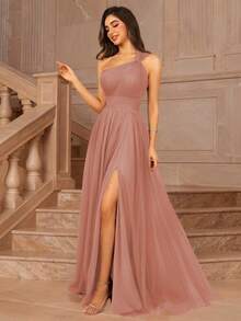 MOEVIO 女士不对称单肩交叉领口薄纱露背A字型正式长款伴娘婚礼宾客活动礼服，适合夏季情人节生日礼服、秋季女装、返校节生日女士服装 - 珊瑚粉 - 查看 3