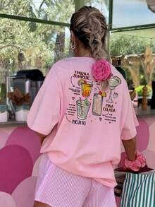 T-shirt da donna a maniche corte con grafica di cocktail e slogan, collo tondo, stile casual e versatile da vacanza, abiti estivi di moda adatti per l'uso quotidiano in vacanza