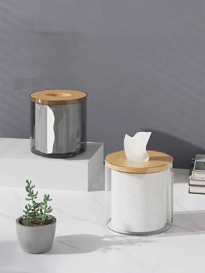 1 pieza Caja de pañuelos redonda de plástico transparente con tapa de bambú, diseño simple y transparente, adecuado para baño, almacenamiento en sala de estar, encimera de cocina, escritorio, estantería, contenedor de almacenamiento decorativo, portarrollos de papel higiénico de escritorio, decoración del hogar, decoración del baño, decoración de la habitación, accesorios de cocina