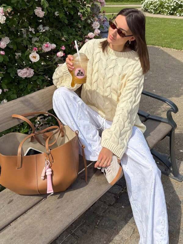 Women's Solid Color Knitted Cable Knit Hollow Out Pullover Sweater, Casual Autumn/Winter