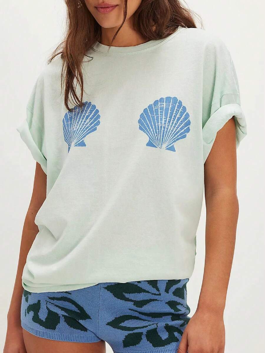 Women Oversized Graphic T-Shirt Y2k Vintage Flower Baggy California Tees Tops Summer Aesthetic Coastal Beach Shirt - Green - View 1
