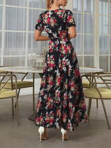 Rusttydustty 波西米亚玫瑰花卉收腰女士长裙，适合情人节、夏季派对、海滩度假、音乐节、婚礼季和晚宴等场合。 - 黑色 - 查看 4