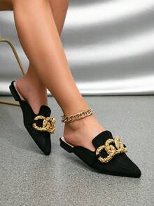 Donne, scarpe slip-on alla moda con catena metallica, punta affusolata, colore unito, tacco piatto, stile urbano, colore nero, stile urbano, materiale , pantofole - nero - Visualizzare 6