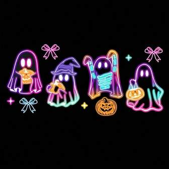 霓虹夜光万圣节南瓜热转印贴纸 - 乙烯基 DIY 贴花，适用于 T 恤、牛仔裤、背包 - 鬼魂、蝙蝠、南瓜灯设计 - 圣诞节和万圣节时尚配饰、定制节日服装