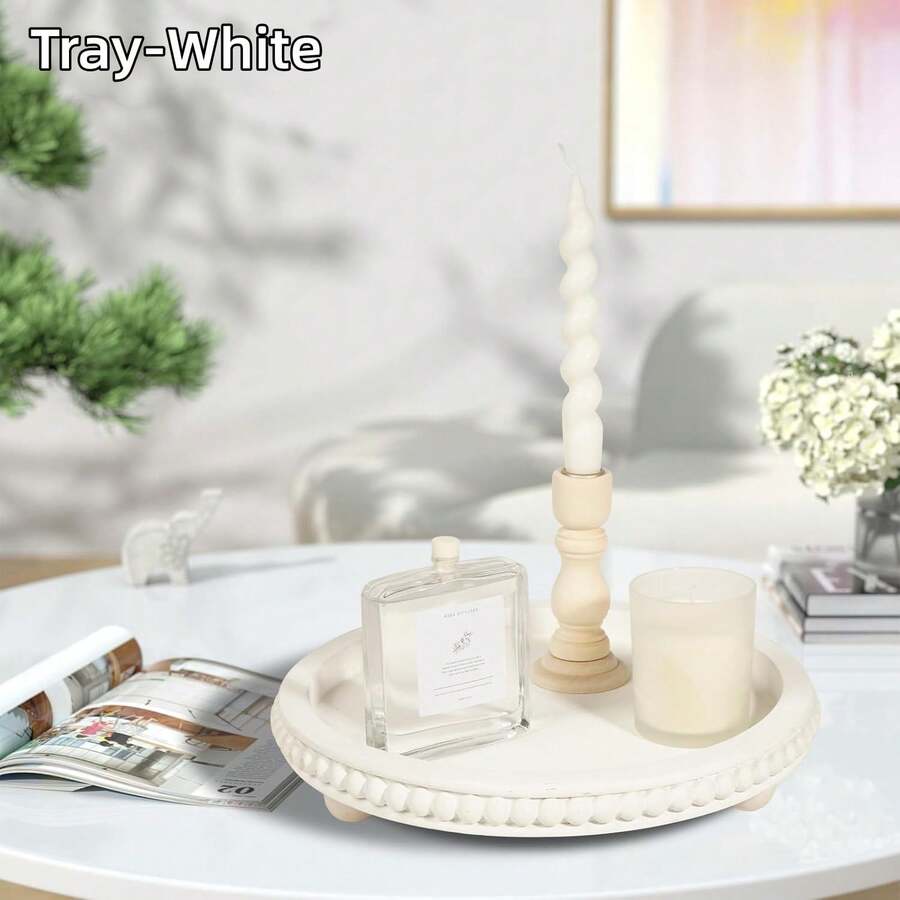 1 件 12 英寸圆形托盘，用于家居装饰 - 木纹/白色/棕色/黄色木质串珠托盘 - 装饰性圆形托盘，用于客厅装饰、咖啡桌装饰、厨房餐桌装饰或农舍托盘 - 木紋托盤 - 查看 1