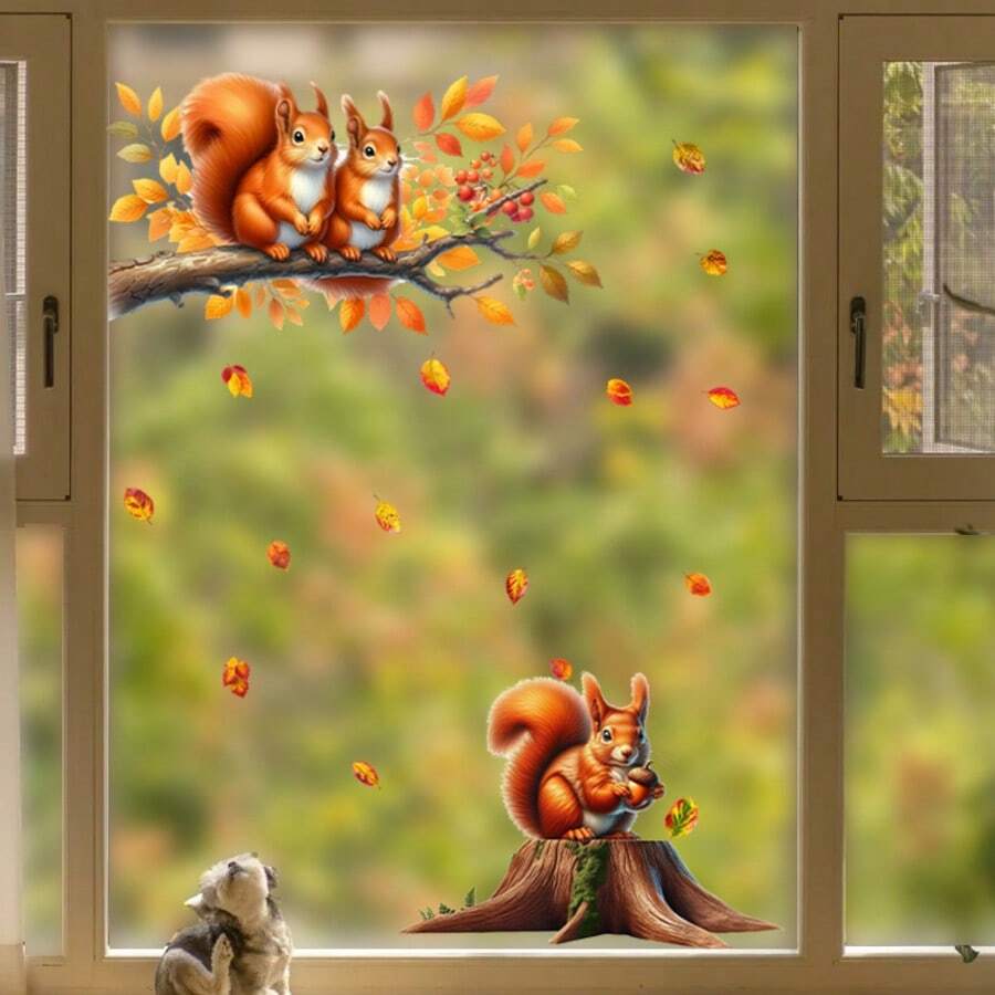 秋季松鼠和秋叶墙贴 - 自粘式秋收装饰，暖色调，适用于客厅、卧室、走廊 - 耐用塑料季节性家居装饰、秋季家居装饰、节日房间装饰、秋季主题艺术品、易粘贴贴纸、舒适的秋季主题、高品质 PVC、DIY 爱好者 - 彩色 - 查看 1