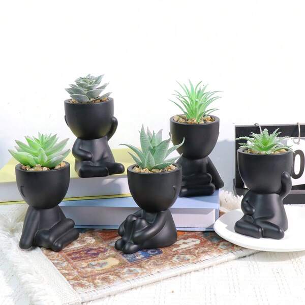 1 pieza/3 piezas/5 piezas Suculenta artificial, planta suculenta individual pequeña en maceta, tres formas a elegir, jarrón negro, forma de caricatura, material PP, material PE, verde, decoración de mesa, decoración del hogar, decoración de jardín, escuela, dormitorio, decoración de oficina